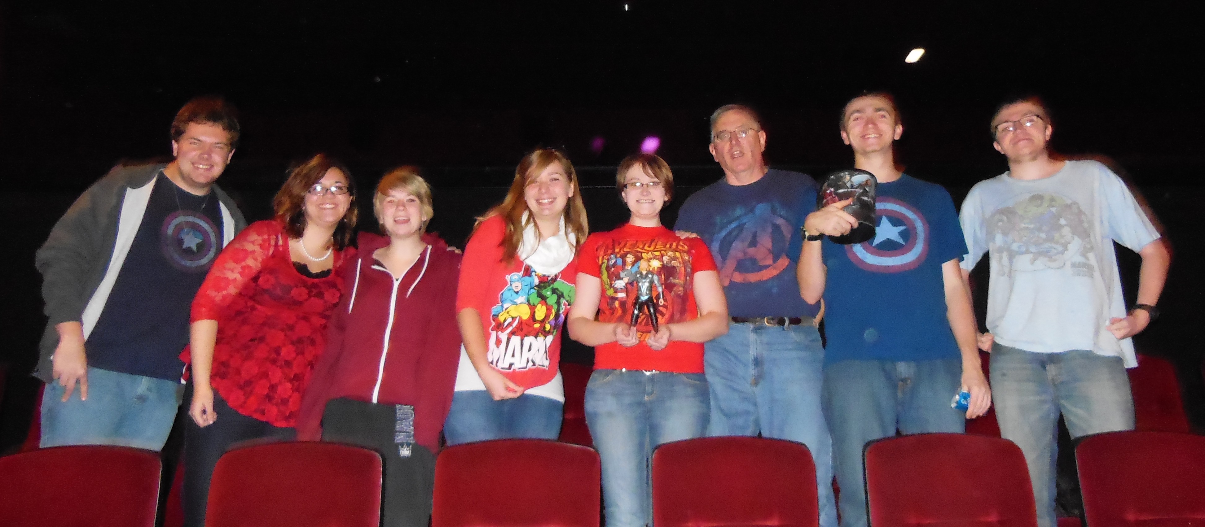Note all the Marvel T-shirts, plus a Thor doll, and an Avengers popcorn bucket. Yes, we come prepared!